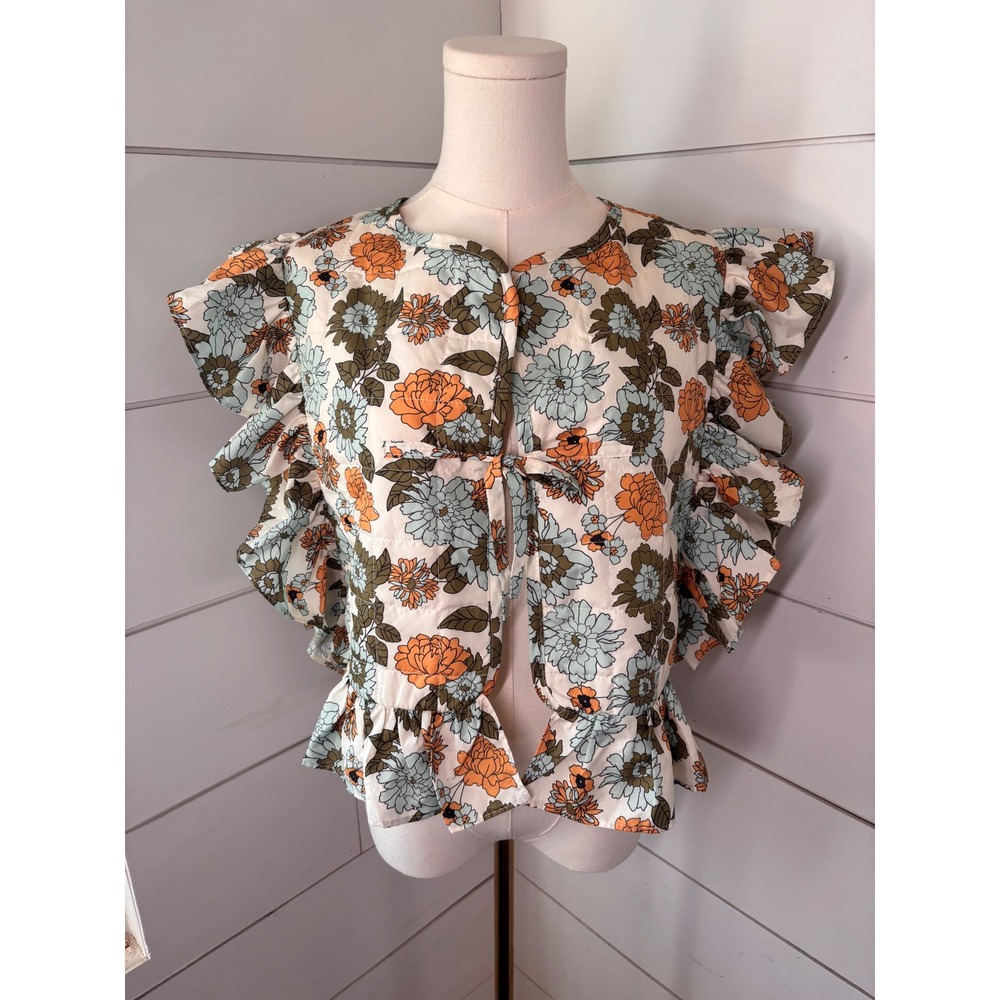 Anthropologie Quilted Vest Women OS Floral Ruffle Tie Front Excellent Retro Boho